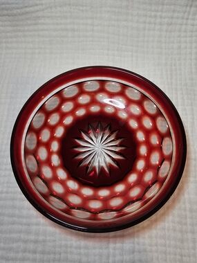 Vintage Antique Ruby Red Crystal Cut Glass Polka Dot Dish 5.5in